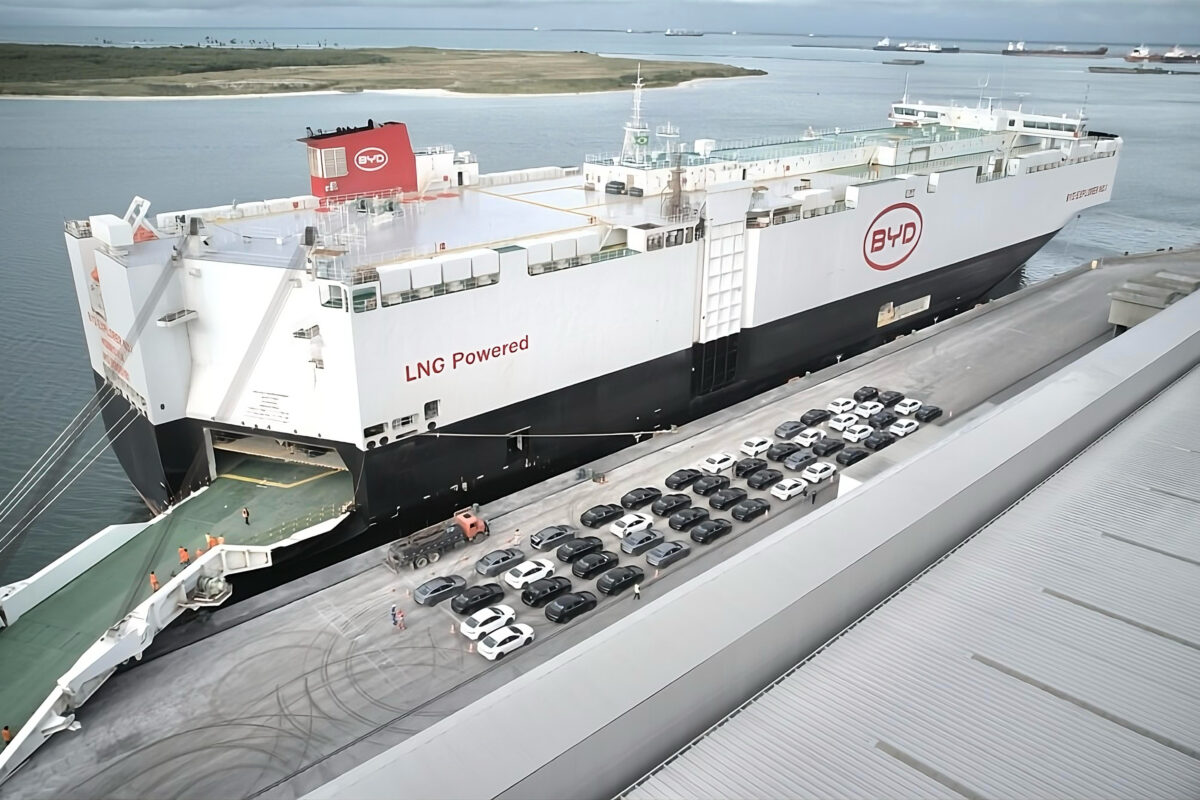 BYD cars awaiting being loaded onto a ship in brazil